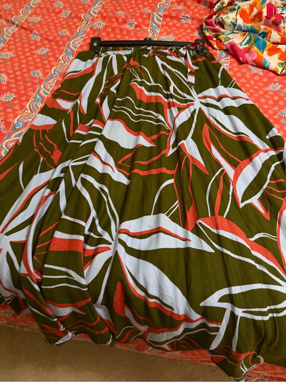 Olive Green Leaf-Print Maxi Skirt with Coral and White Accents